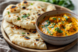 A bowl of creamy coconut fish curry served with fluffy naan