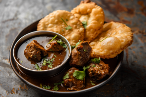 A bowl of kosha mangsho served with warm luchis