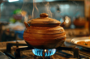A clay pot on a gas stove burner with Champaran mutton in it