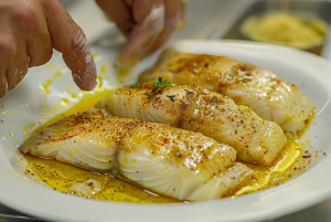 A plate of fresh fish fillets marinated by ingredients for preparing pomfret fish nirvana