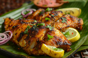 Final and finished plating of Pomfret fish nirvana on a banana leaf with onion rings and lemon wedges 