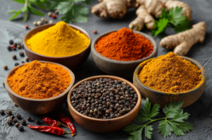 5 small bowls of spices surrounded with ginger, coriander leaves ready to add flavours in fried pomfret