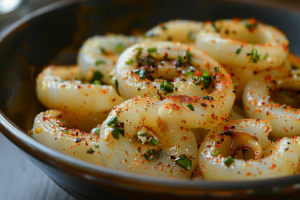 A bowl of seasoned squid rings with salt and chilly powder for preparing calamari fish fry
