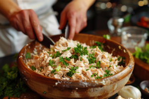 A person mixing tuna, salad, and mayonnaise in a bowl with a wooden spoon to make Tuna Fish salad