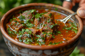 A bowl of finished mutton paya soup garnished with fresh coriander leaves.