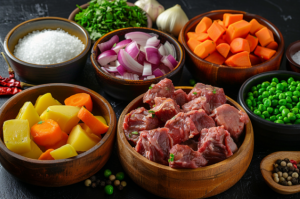 A bowl of raw mutton pieces surrounded by bowls of onions, peas, potatoes, and carrots, ready for mutton stew recipe