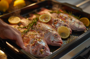 Fresh snapper fish being carefully placed into a preheated oven for cooking.