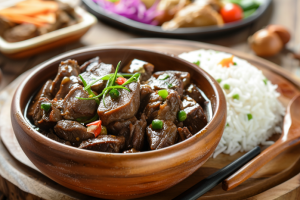 Cooked mutton kaleji served with a side of steamed rice 