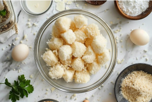 Cube-sized fish fillets being coated with breadcrumbs for Fish Nuggets recipe