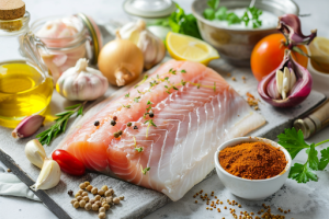 A plate of fresh tilapia fillet surrounded by ingredients for preparing coconut fish curry